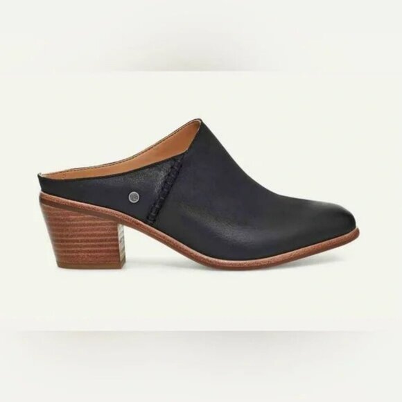 UGG Lovisa Women's Slip On Black Leather Mule Clogs Stacked Heel - Size 9.5 - Picture 1 of 15
